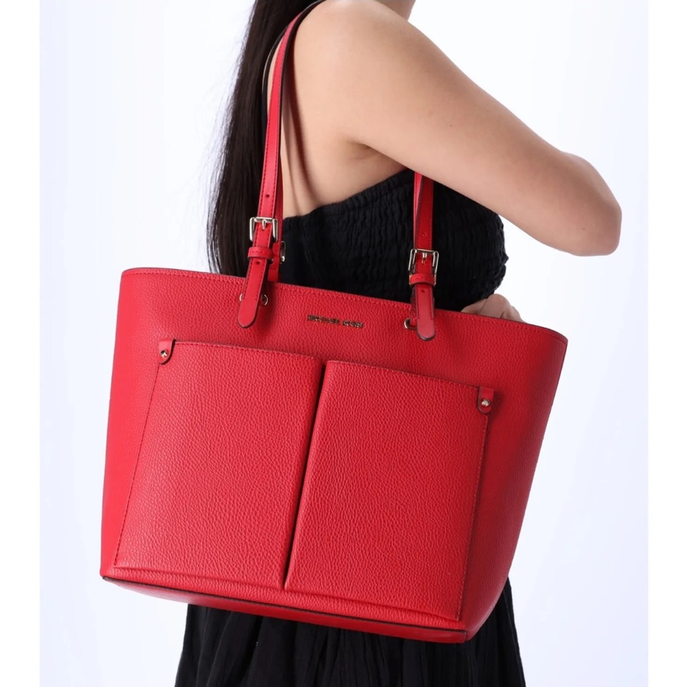 Michael Kors Jet Set Travel Medium Double Pocket Tote Vegan Leather Bright Red